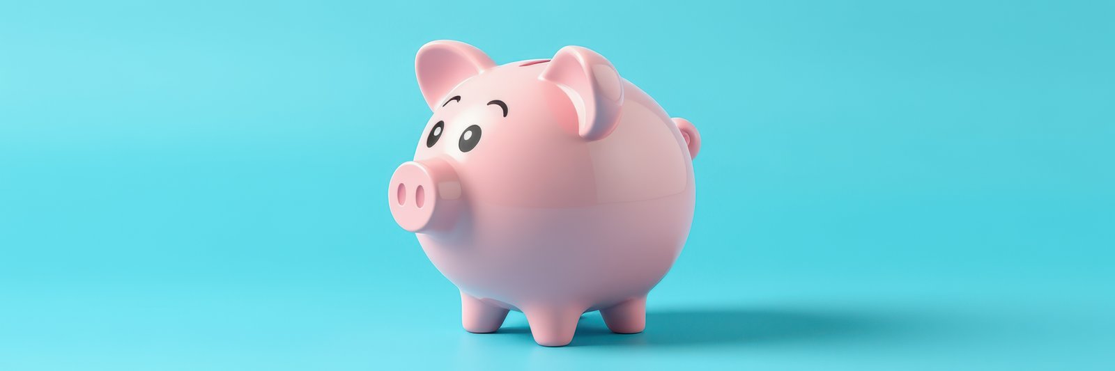 Cute pink piggy bank sits against a bright blue background highlighting its cheerful smile and round design